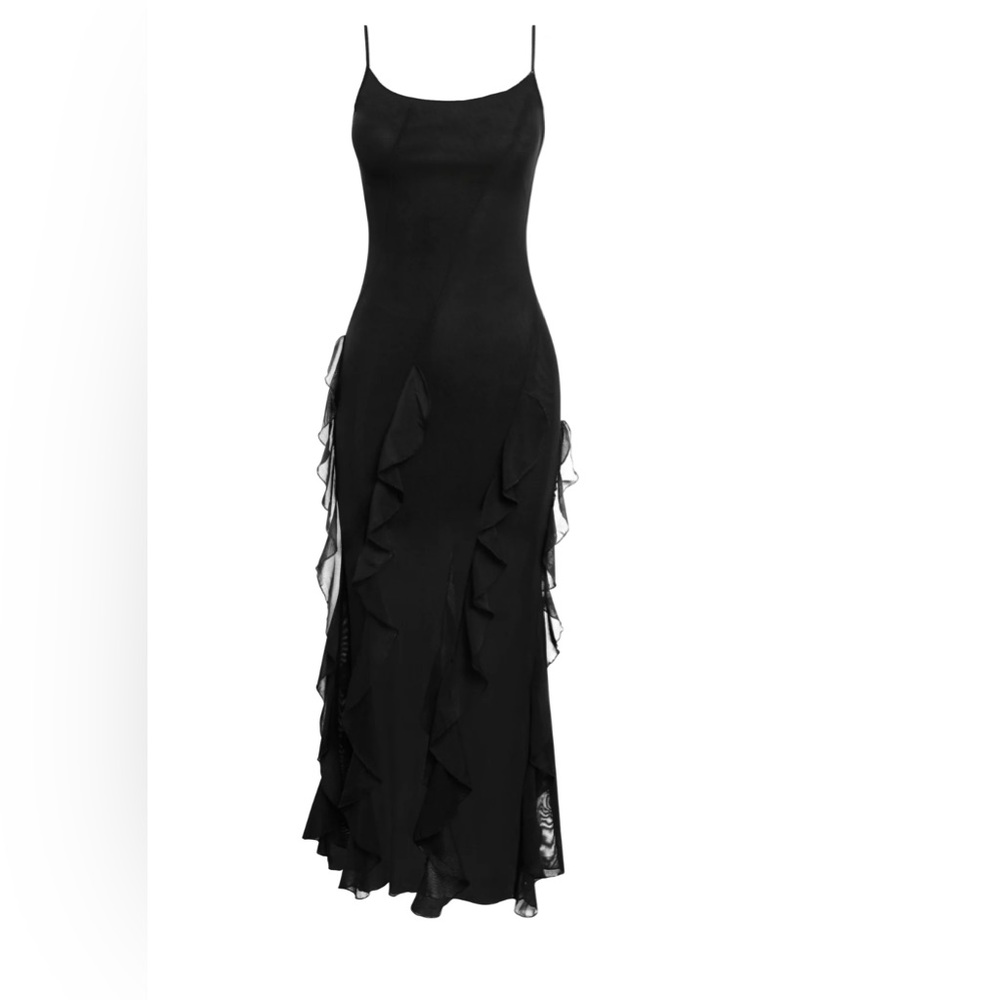 LEAU RODEO RUFFLE MESH MAXI DRESS BLACK